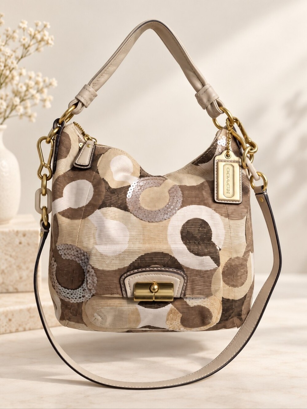 Coach Kristin Sequin Op Art Convertible Hobo Crossbody Bag EUC